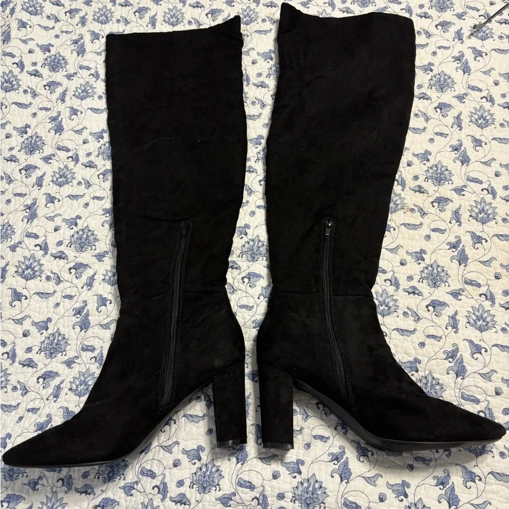 Over-the-Knee Black Suede Boots with Block Heel